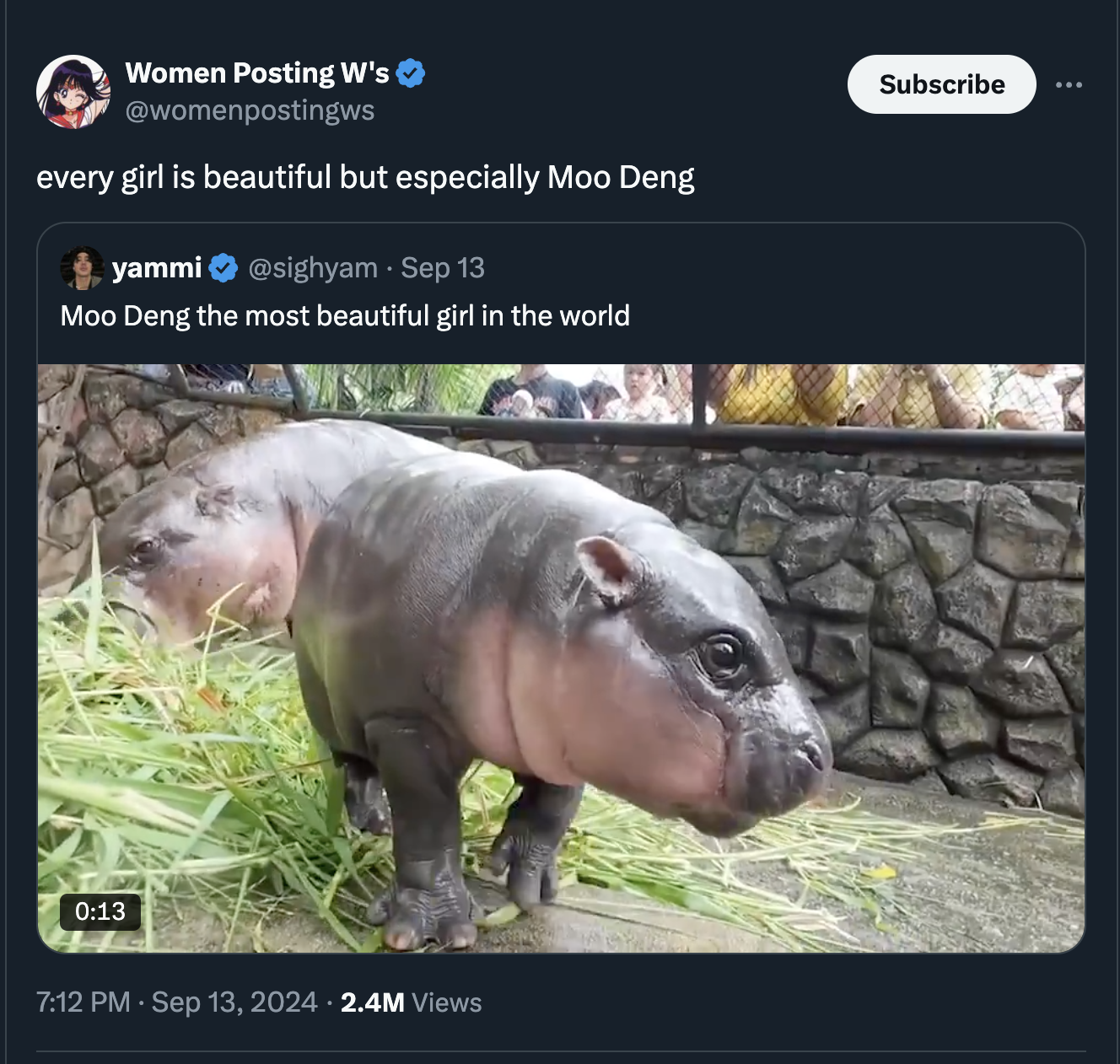 moo deng memes - hippopotamus - Women Posting W's every girl is beautiful but especially Moo Deng yammi Sep 13 Moo Deng the most beautiful girl in the world 2.4M Views Subscribe